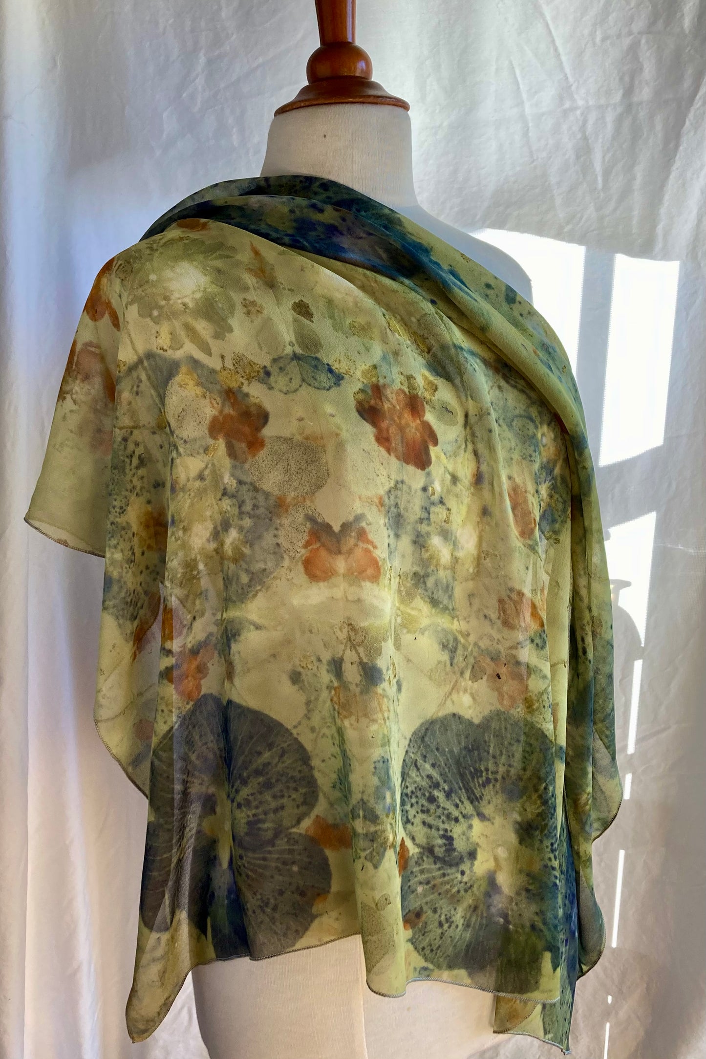 Eco printed silk chiffon large square scarf