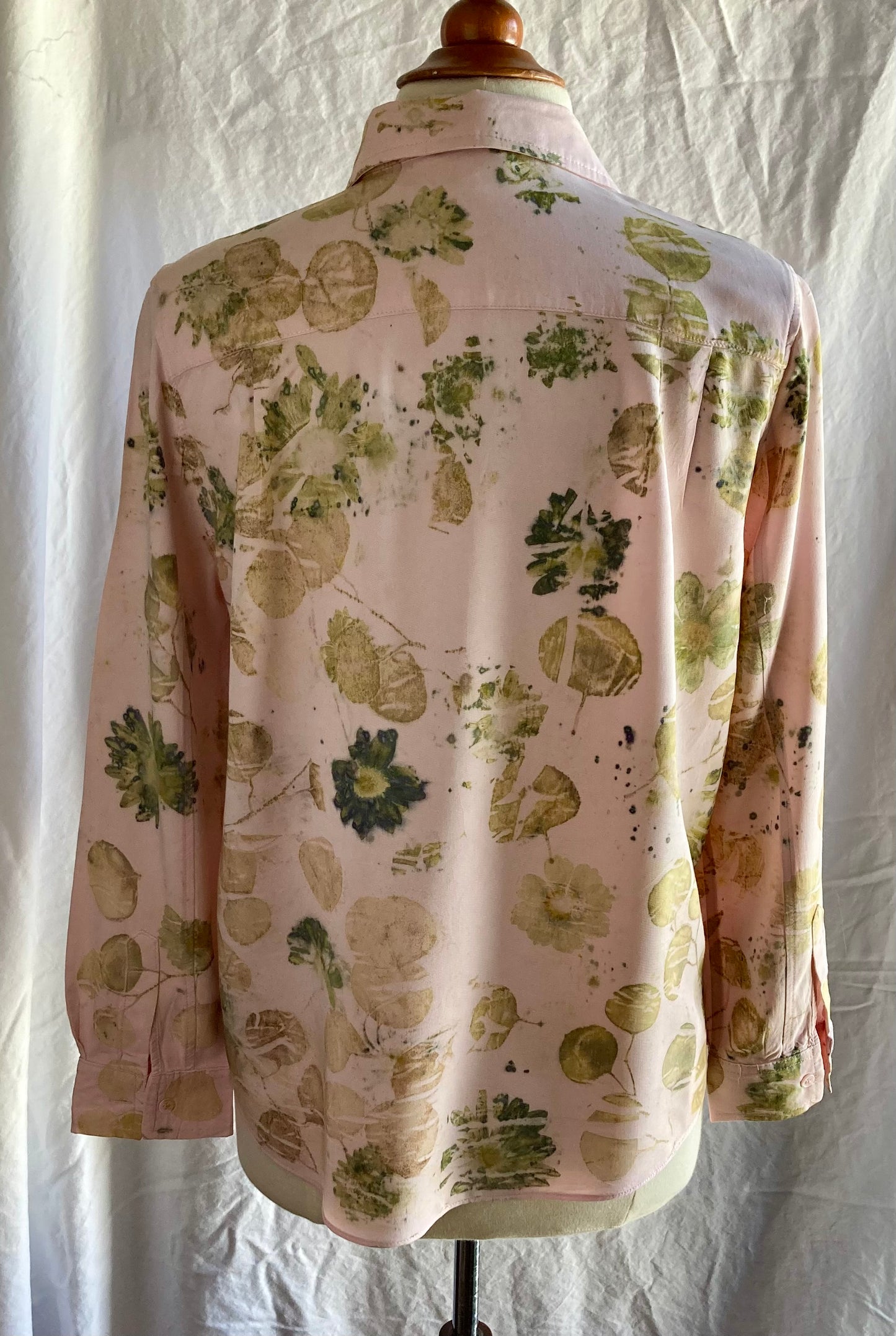 Eco printed up cycled pale pink rayon shirt