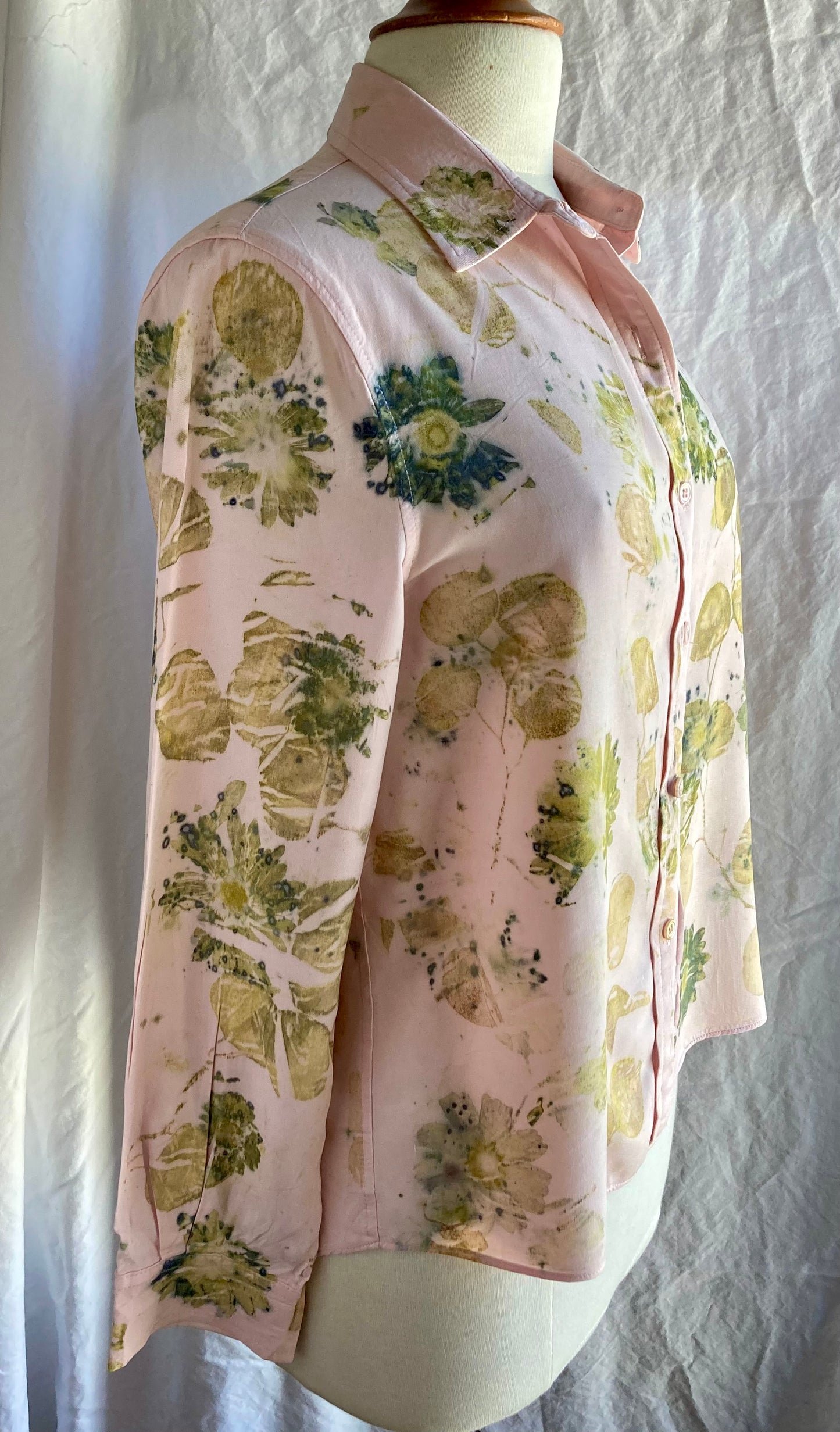 Eco printed up cycled pale pink rayon shirt