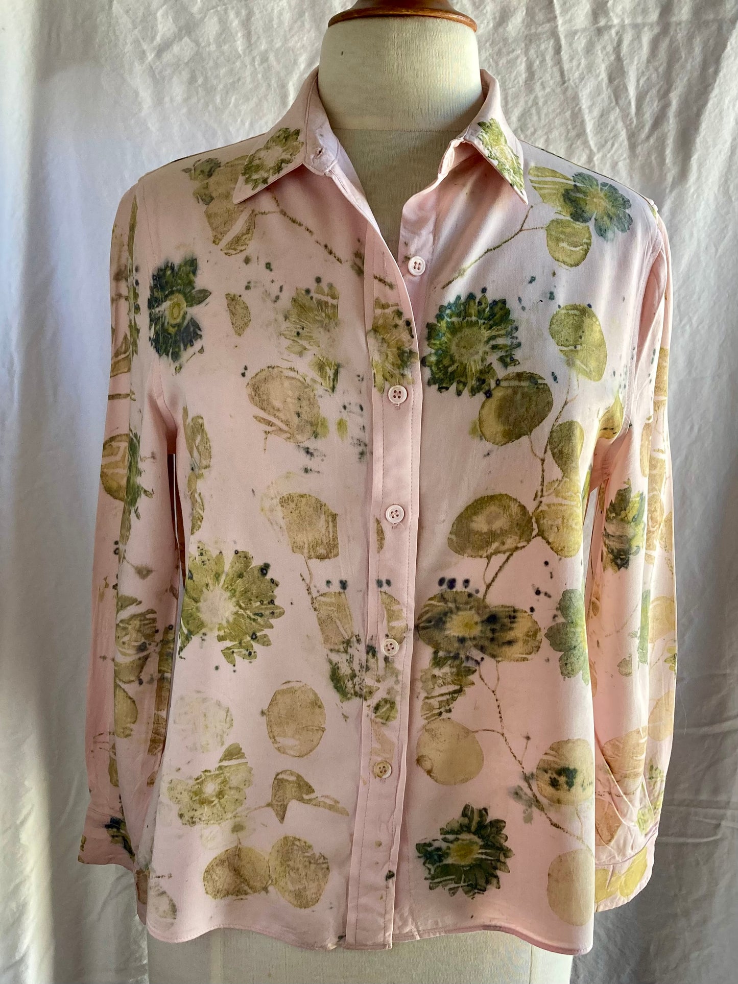 Eco printed up cycled pale pink rayon shirt