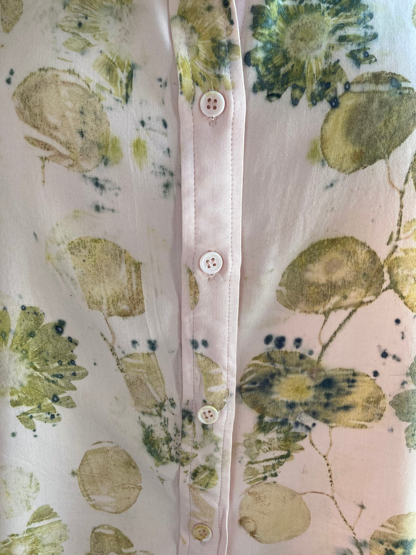 Eco printed up cycled pale pink rayon shirt
