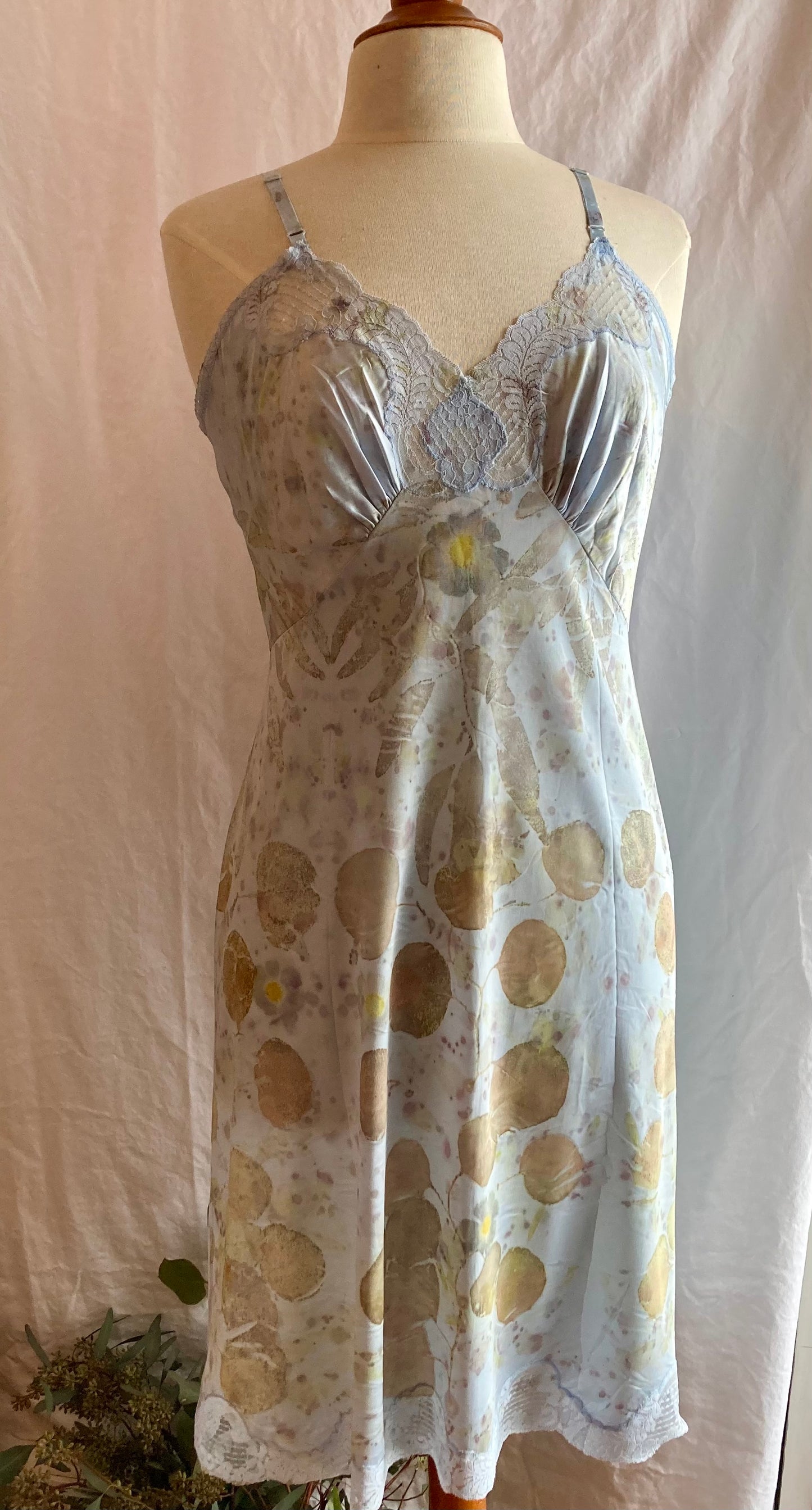 Eco printed vintage slip dress silver blue