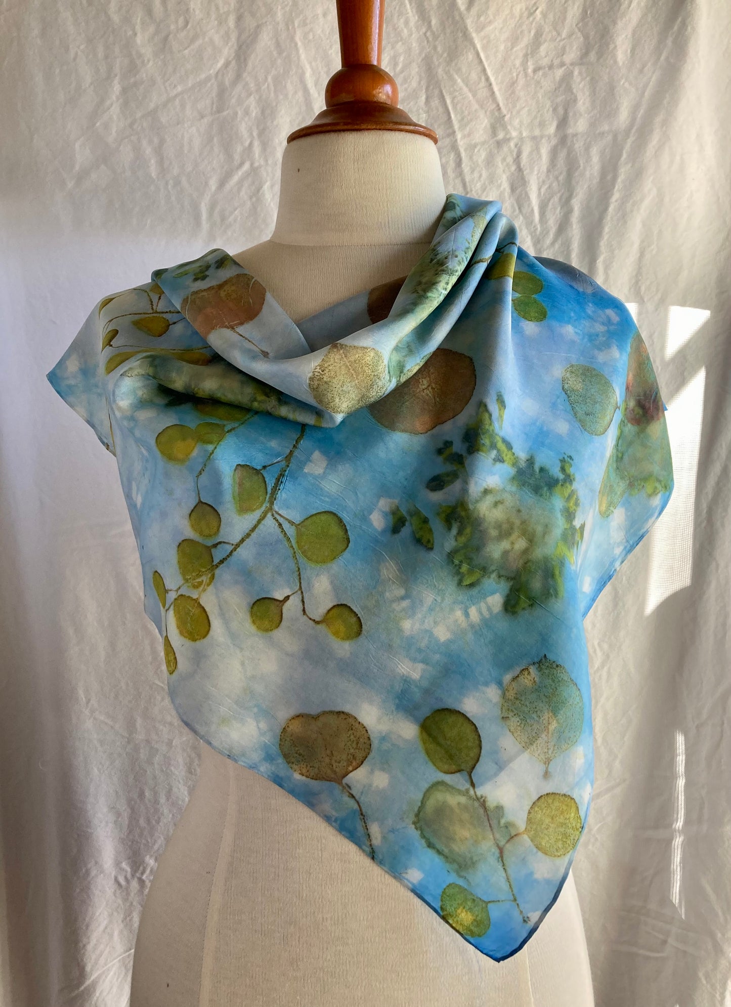 Eco printed and naturally dyed silk scarf