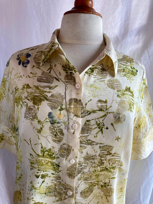 Eco printed silk short sleeved shirt